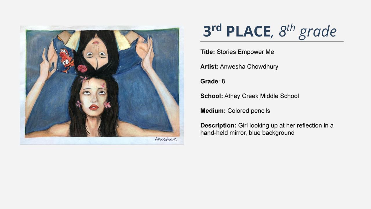3rd place, 8th grade: color pencil drawing of a girl with long black hair holding up a mirror over her head looking at her reflection. Title: Stories Empower Me Artist: Anwesha Chowdhury Grade: 8 School: Athey Creek Middle School Medium: Colored pencils Description: Girl looking up at her reflection in a hand-held mirror, blue background
