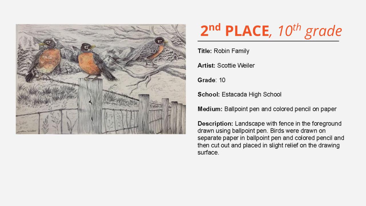 2nd place. 10th grade: black and white drawing of robins on a barbed wire fence with mountains and trees in the background. The robins' red breasts are colored in. Title: Robin Family Artist: Scottie Weiler Grade: 10 School: Estacada High School Medium: Ballpoint pen and colored pencil on paper Description: Landscape with fence in the foreground drawn using ballpoint pen. Birds were drawn on separate paper in ballpoint pen and colored pencil and then cut out and placed in slight relief on the drawing surface.