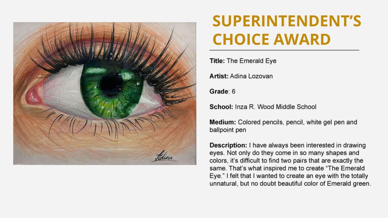 Superintendent's choice award: colored pencil drawing of a bright green eye with long eyelashes. Title: The Emerald Eye Artist: Adina Lozovan Grade: 6 School: Inza R. Wood Middle School Medium: Colored pencils, pencil, white gel pen and ballpoint pen Description: I have always been interested in drawing eyes. Not only do they come in so many shapes and colors, it’s difficult to find two pairs that are exactly the same. That’s what inspired me to create “The Emerald Eye.” I felt that I wanted to create an eye with the totally unnatural, but no doubt beautiful color of Emerald green.