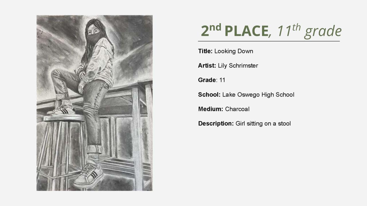 2nd place, 11th grade: charcoal drawing from below of a girl sitting on a desk with one foot on a stool. Title: Looking Down Artist: Lily Schrimster Grade: 11 School: Lake Oswego High School Medium: Charcoal Description: Girl sitting on a stool